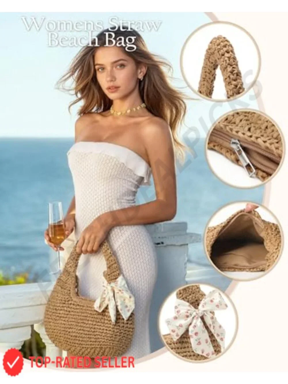 Handwoven Straw Clutch Purse for Women Zip Closure Beach Tote Lightweight